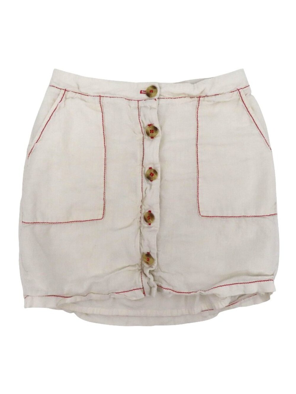 Amadi Women Small Jupe Button Front Skirt White Red Thread Pockets Linen Cotton